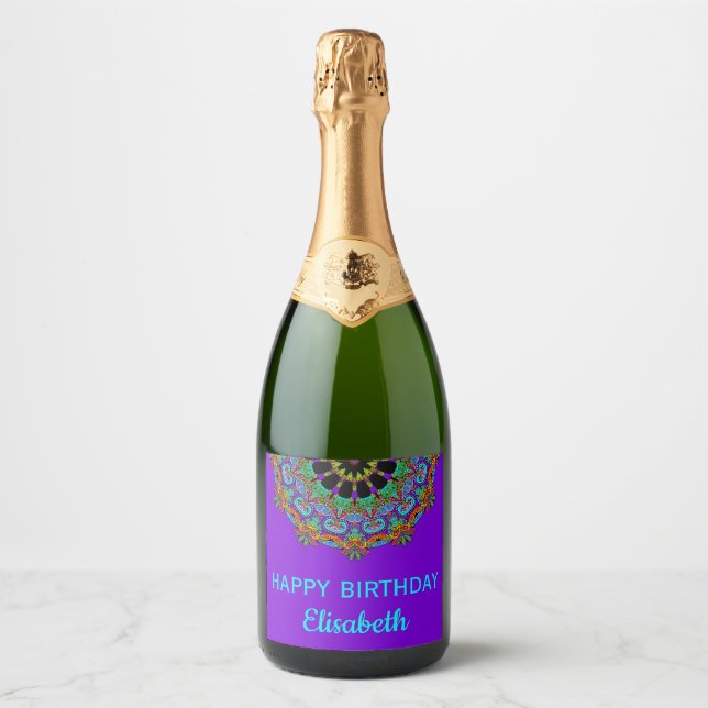 Hand Painting Mandala Clock Face 24 Sparkling Wine Label (Front)