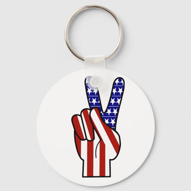 Hand Peace Sign - Red White & Blue Keychain (Front)