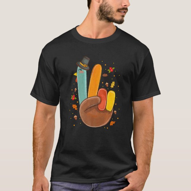 Hand Peace Sign Turkey Pilgrim Hat Cool Retro Than T-Shirt (Front)