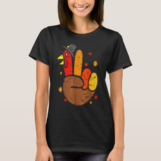 Hand Peace Sign Turkey Pilgrim Hat Cool Retro Than T-Shirt