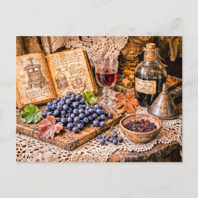 Hand‑Pressed Traditional Wine with Grapes and Vint Postcard (Front)