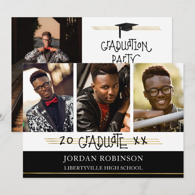 Hand Printed Graduate | Black and Gold Lines Invitation (Front/Back)