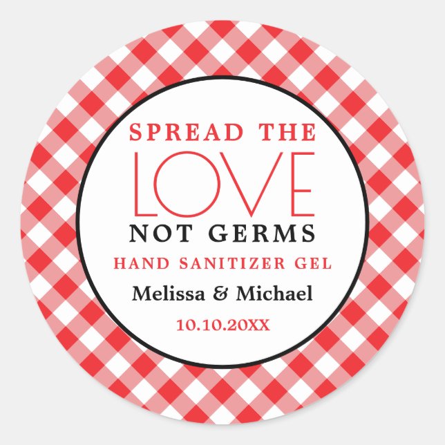 Hand Sanitizer Spread Love  Red Gingham Wedding Classic Round Sticker (Front)