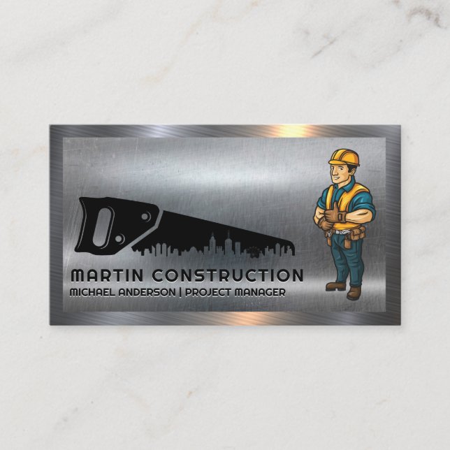 Hand Saw City Logo | Construction Worker | Steel Business Card (Front)