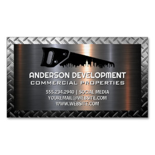 Hand Saw Construction Logo   Metallic  Magnetic Business Card