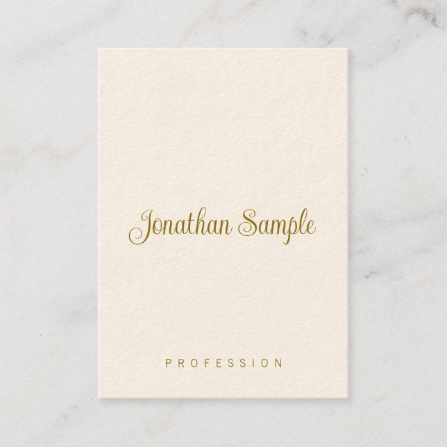 Hand Script Gold Text Modern Vertical Template Business Card (Front)