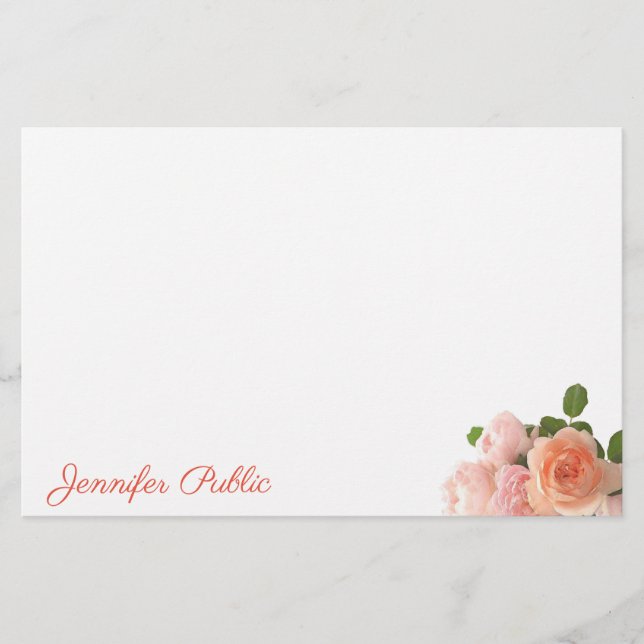 Hand Script Personalized Watercolor Roses Elegant Stationery (Front)