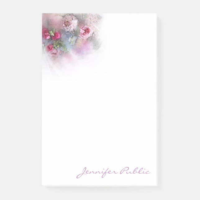 Hand Script Template Watercolor Roses Flowers Post-it Notes (Front)