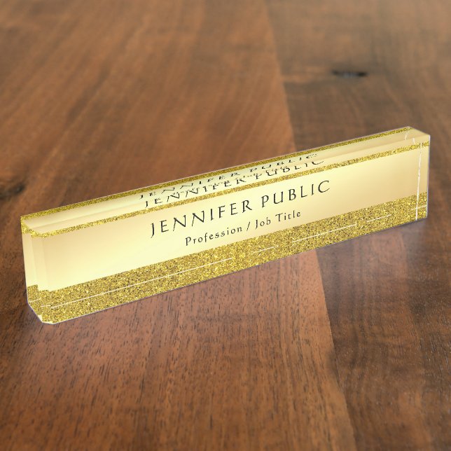 Hand Script Text Elegant Gold Glitter Template Nameplate (Side)