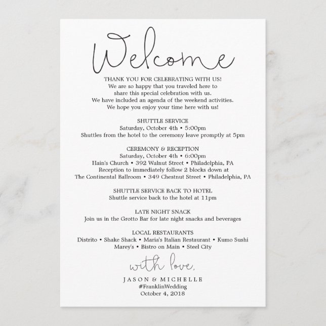 Hand Script Wedding Itinerary - Wedding Welcome Program (Front)