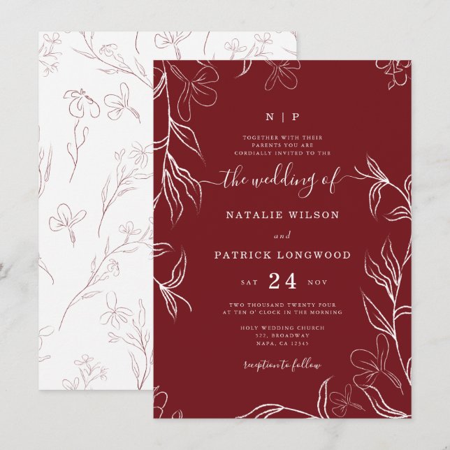 Hand Sketched Delicate Floral Burgundy Wedding Invitation (Front/Back)