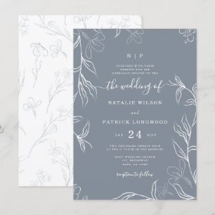 Hand Sketched Delicate Floral Dusty Blue Wedding Invitation