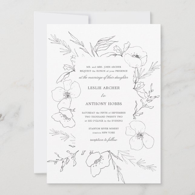 Hand Sketched Peony White Wedding Invitation (Front)