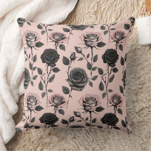 Hand Sketched Roses In Black On A Faded Pink  Throw Pillow
