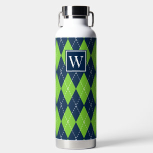Hand Stitched Argyle - Lime & Navy Monogram Water Bottle
