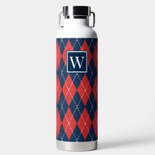 Hand Stitched Argyle - Red White & Navy Monogram Water Bottle
