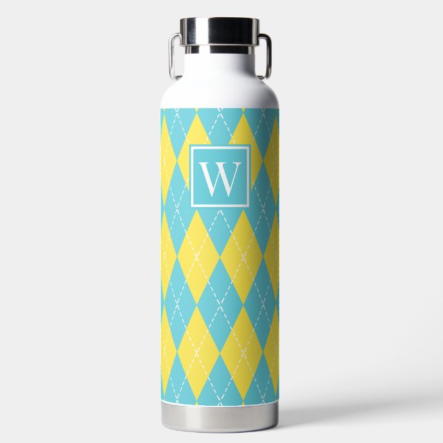 Hand Stitched Argyle - Yellow & Turquoise Monogram Water Bottle (Front)