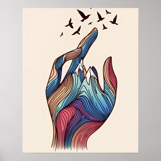 Hand to Horizon - Birds Soar from Finger Peaks Poster (Front)