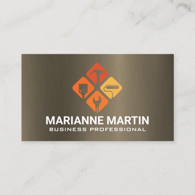 Hand Tools Icon | Metal Background Business Card (Front)