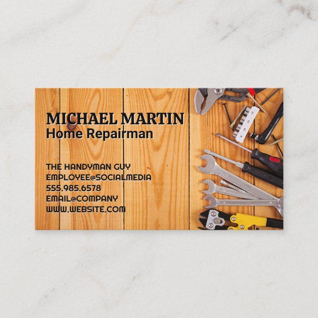 Hand Tools on Wooden Table | Repairman Business Card (Front)
