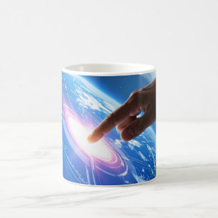 Hand touching earth coffee mug