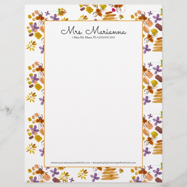 Hand Watercolor Bee Art Botanical Floral Pattern Letterhead (Front)