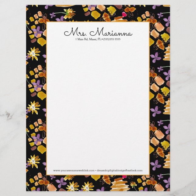 Hand Watercolor Bee Art Botanical Floral Pattern Letterhead (Front)