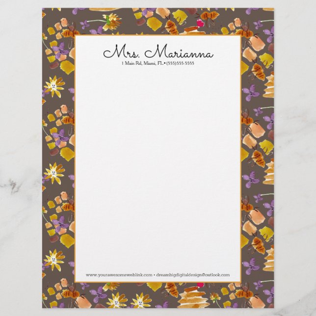 Hand Watercolor Bee Art Botanical Floral Pattern Letterhead (Front)
