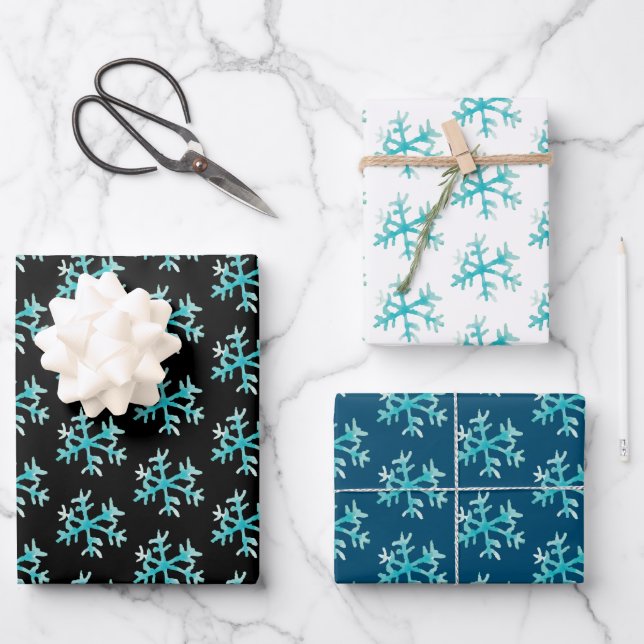 Hand Watercolor Blue Snowflakes Christmas Wrapping Paper Sheet (Front)
