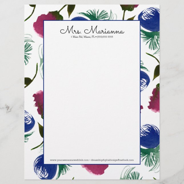 Hand Watercolor Burgandy Blue Floral Art Pattern Letterhead (Front)