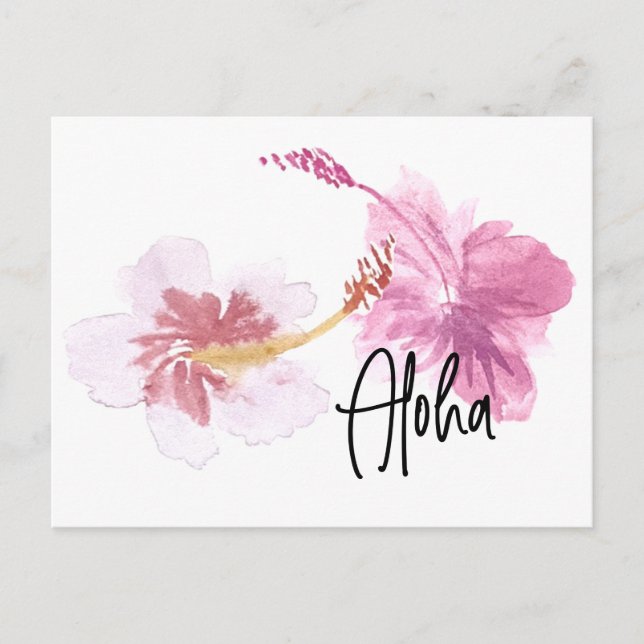Hand Watercolor Hawaii Hibiscus Floral Pink Postcard (Front)