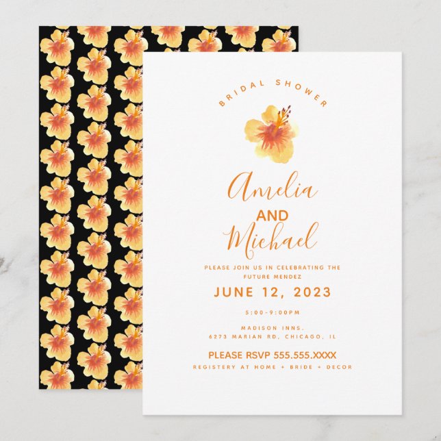 Hand Watercolor Hibiscus Orange Bridal Shower Invitation (Front/Back)