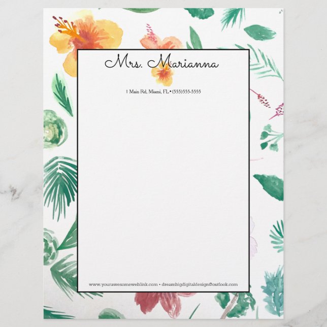 Hand Watercolor Hibiscus Pattern Summer Script Letterhead (Front)
