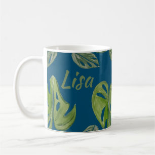 Hand Watercolor Monstera Adansonii Leaf Blue Coffee Mug