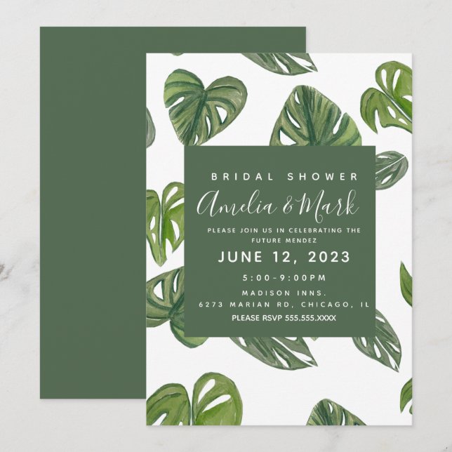 Hand Watercolor Monstera Adansonii Leaf Bridal Invitation (Front/Back)