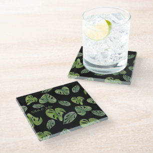 Hand Watercolor Monstera Adansonii Leaf Wedding Glass Coaster