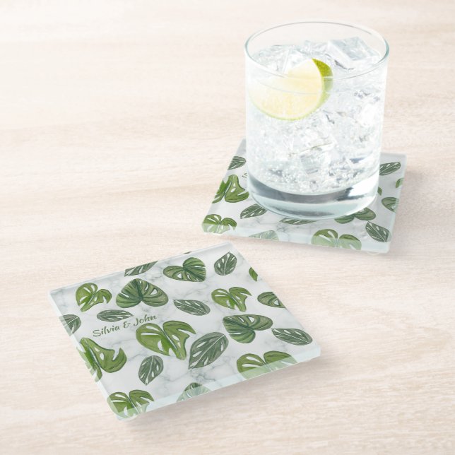 Hand Watercolor Monstera Adansonii Leaf Wedding Glass Coaster (Angled)
