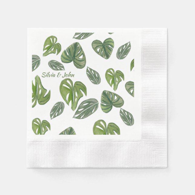 Hand Watercolor Monstera Adansonii Leaf Wedding Napkin (Front)