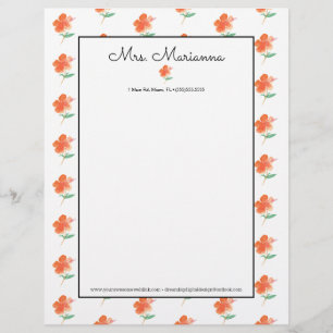 Hand Watercolor Orange Hibiscus Summer Script Letterhead