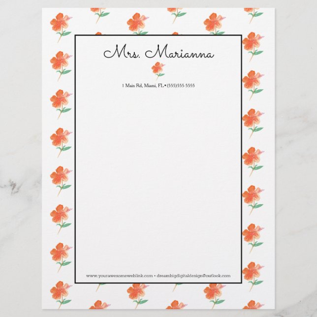 Hand Watercolor Orange Hibiscus Summer Script Letterhead (Front)