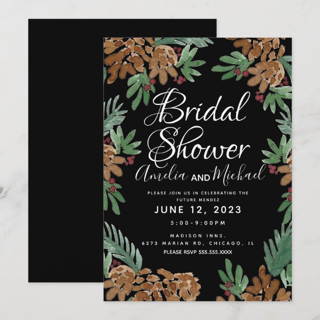 Hand Watercolor Pinecones Black Bridal Shower Invitation (Front/Back)