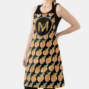 Hand Watercolor Pumpkin Pattern Black Monogram Apron