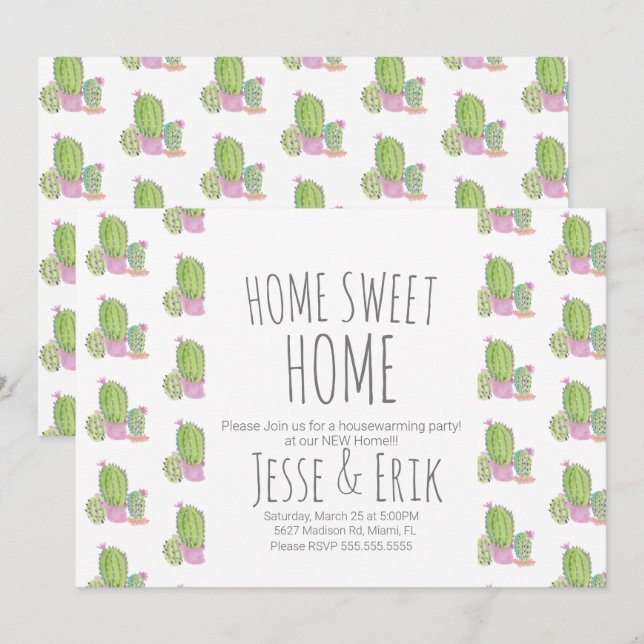 Hand-Watercolored Cactus Plants Housewarming Party Invitation (Front/Back)