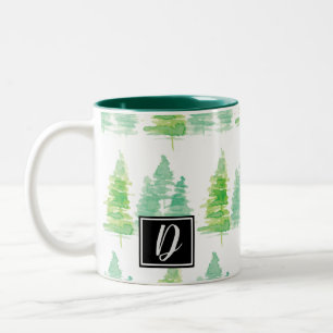 Hand Watercolored Pine Trees Christmas Two-Tone Coffee Mug