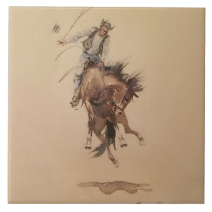 Hand-Whipping a Bronc by Edward Borein Tile