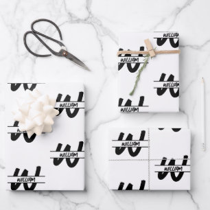 Hand Written Black & White Monogrammed Name Wrapping Paper Sheet