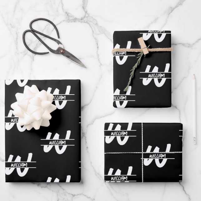 Hand Written Black & White Monogrammed Name Wrapping Paper Sheet (Front)