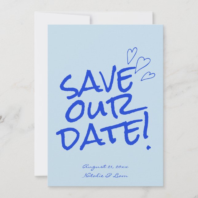 Hand Written Blue Bold Retro Unique Modern Wedding Save The Date (Front)