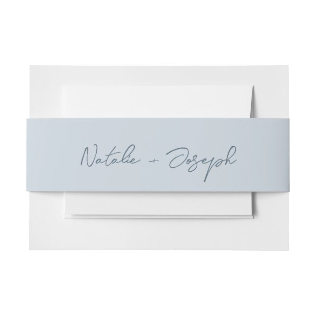  Hand Written Blue Fun Calligraphy Boho Wedding Invitation Belly Band (Front Example)