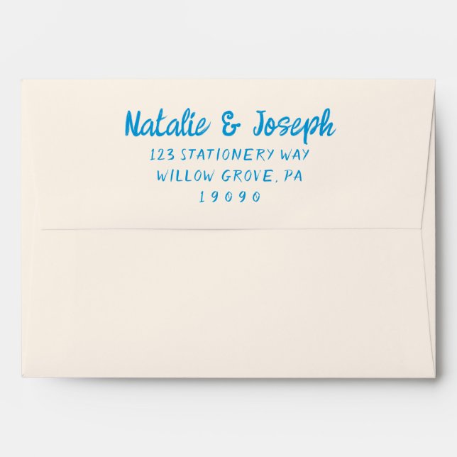 Hand Written Blue Retro Unique Modern Boho Wedding Envelope (Back (Top Flap))